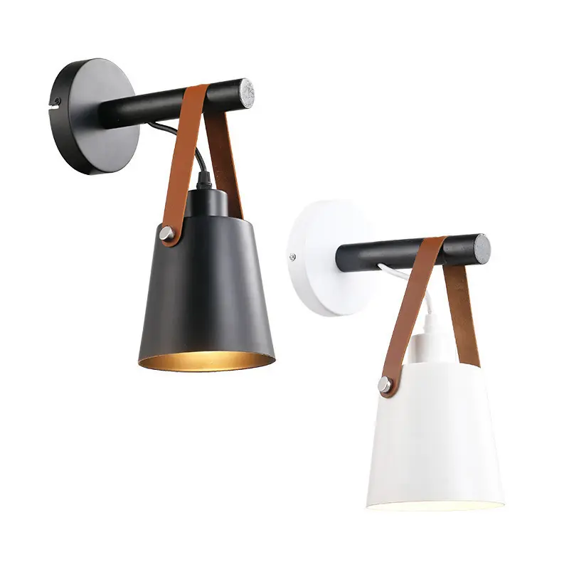 Applique murale culot e27 sangle cuir et support métal noir ou blanc