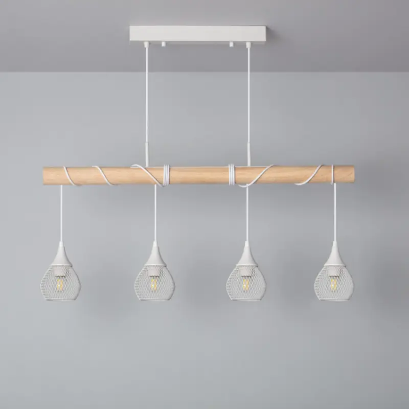 Suspension blanche et bois 4 grilles vintage lustre plafonnier culot ampoule e27