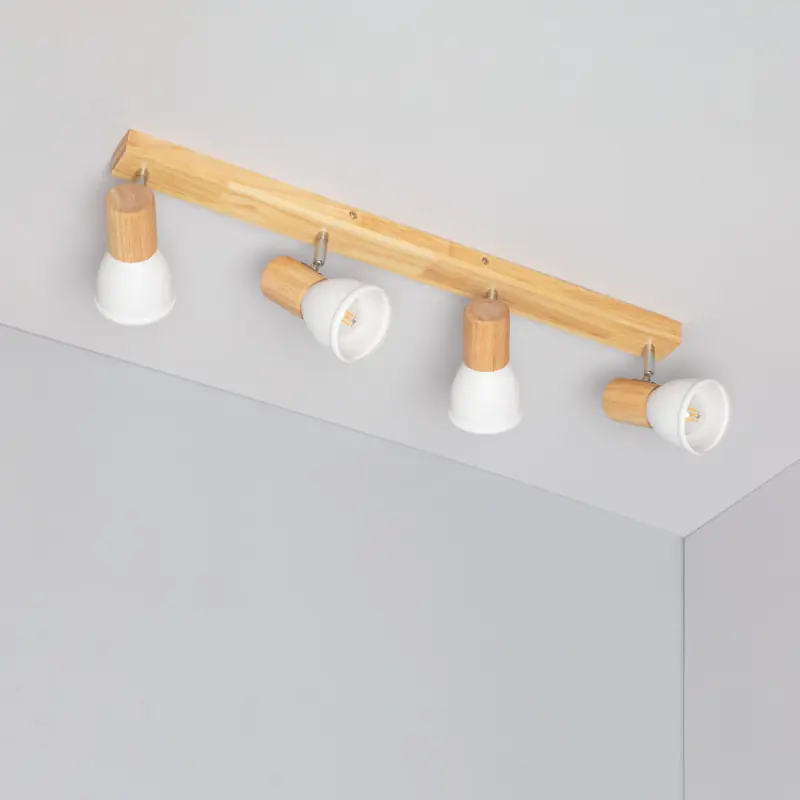 Applique plafonnier 4 têtes orientable blanc et bois culot e14