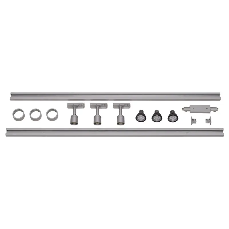 PURI TRACK, kit rail 1 allumage,gris, GU10/LED GU10 51mm, 3x 12,9W, 2 rails de 1m, 3 spots, 1 connecteur et 2 embouts inclus
