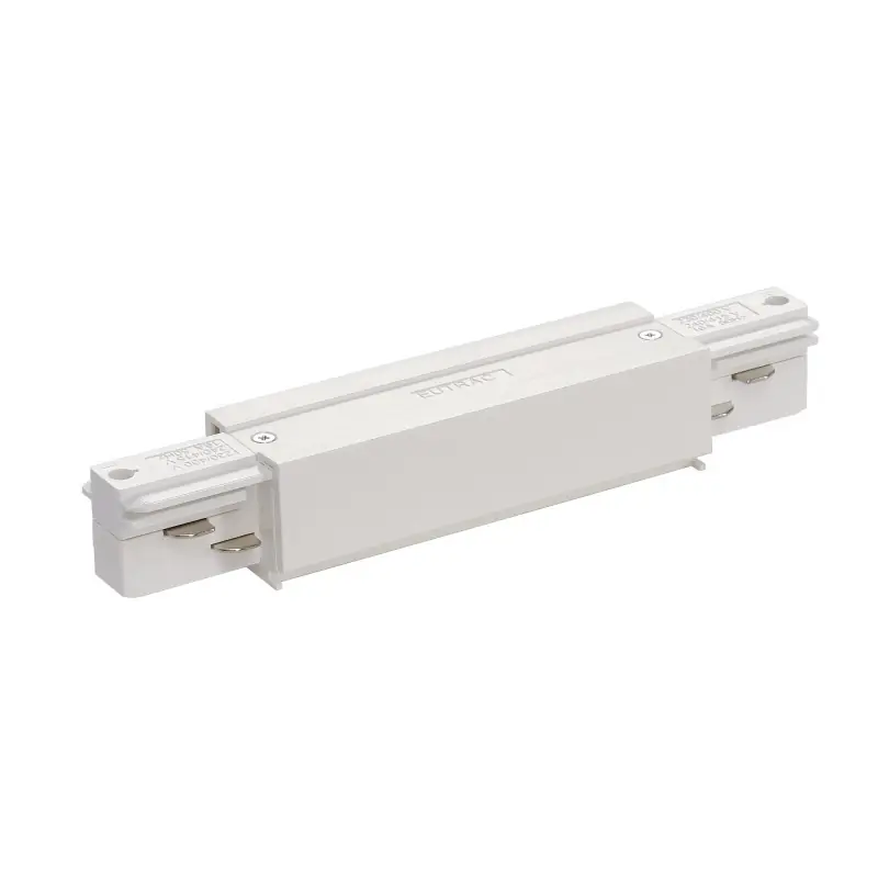 EUTRAC®, connecteur longitudinal avec possibilité d‘alimentation, intérieur, pour rail 3 allumages en saillie, blanc