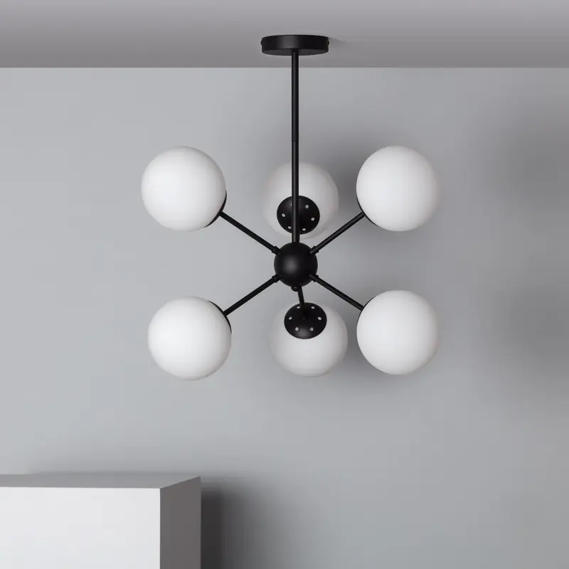 Plafonnier 6 têtes bras métal noir et boules culot e27