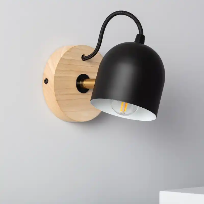 Applique murale support bois et métal noir culot e27