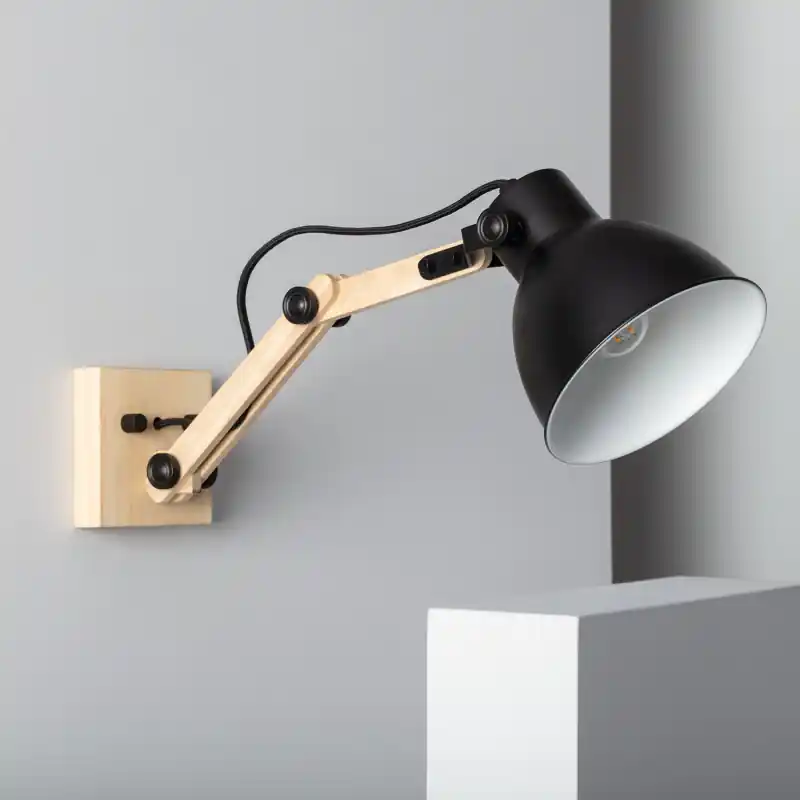 Applique murale support bois orientable et métal noir culot e27