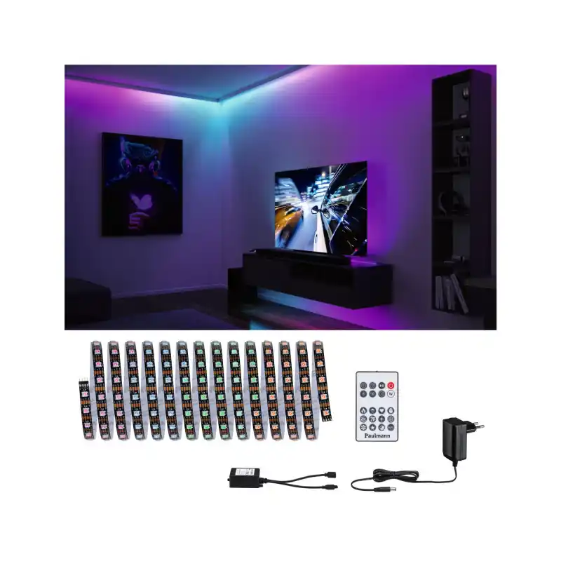 Kit Strip LED Dynamic 5m Rainbow RGB IP20 ?W 12V CC noir Métal