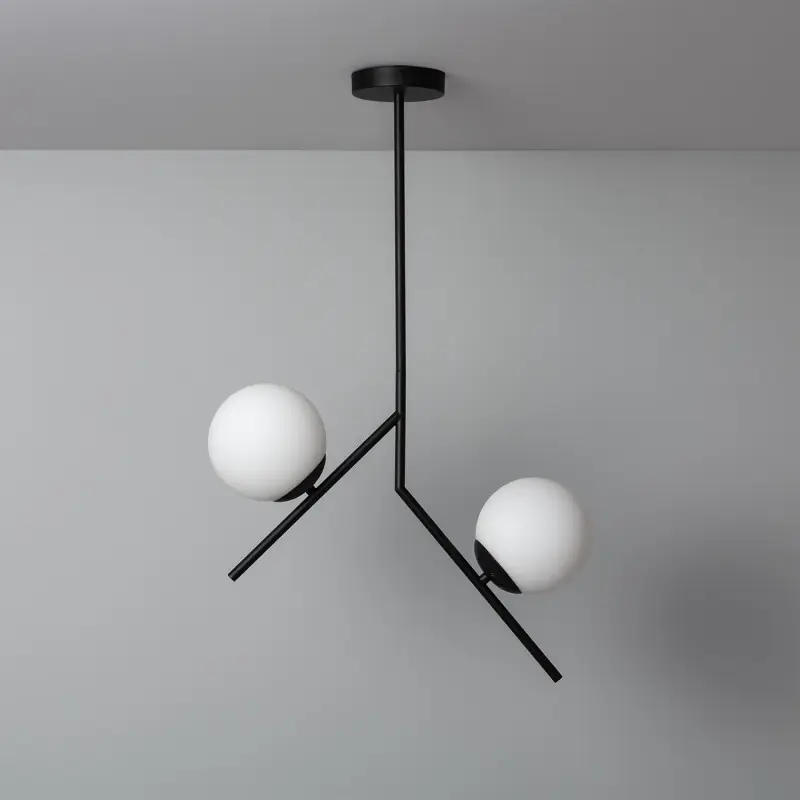 Plafonnier 2 têtes bras métal noir et boules culot e27
