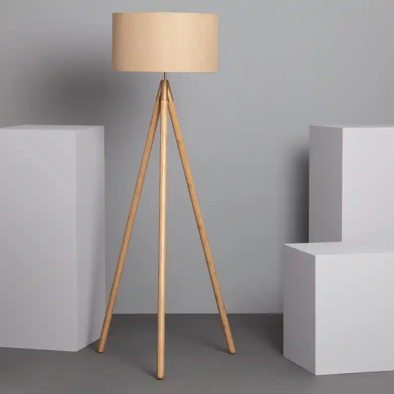 Lampadaire a poser trépied bois et abat jour tissu beige