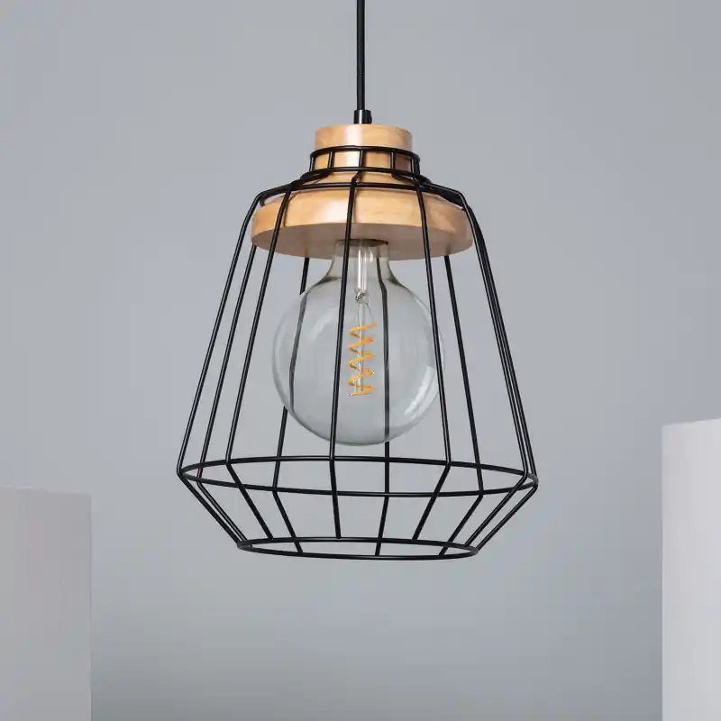 Suspension luminaire suspendu cage métal noir et bois culot e27