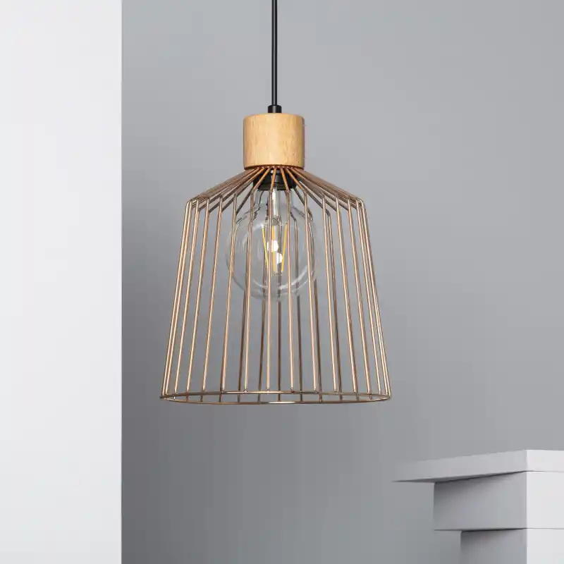 Suspension luminaire suspendu cage métal cuivre et bois culot e27