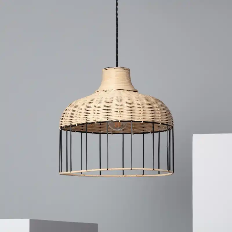 Suspension luminaire suspendu cage métal et rotin culot e27