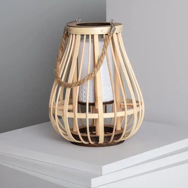 Lampe a poser led a piles portable nomade style rotin