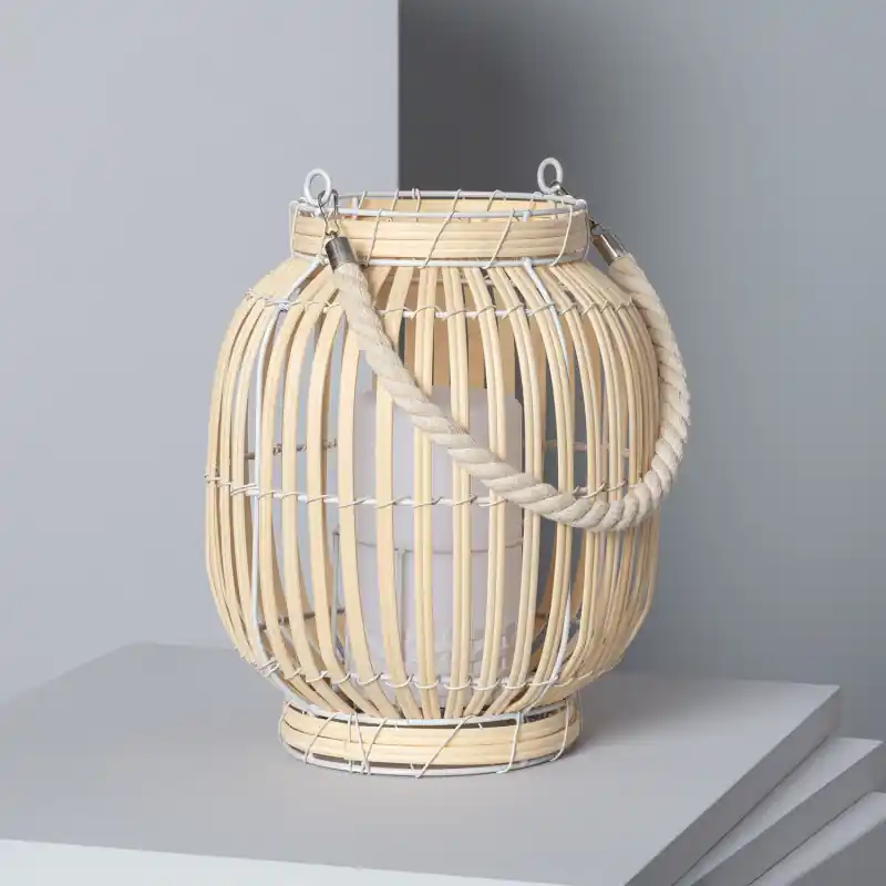 Lampe a poser led a piles portable nomade style rotin