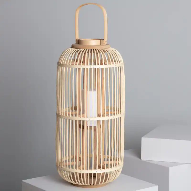 Lampe a poser led a piles portable nomade style rotin
