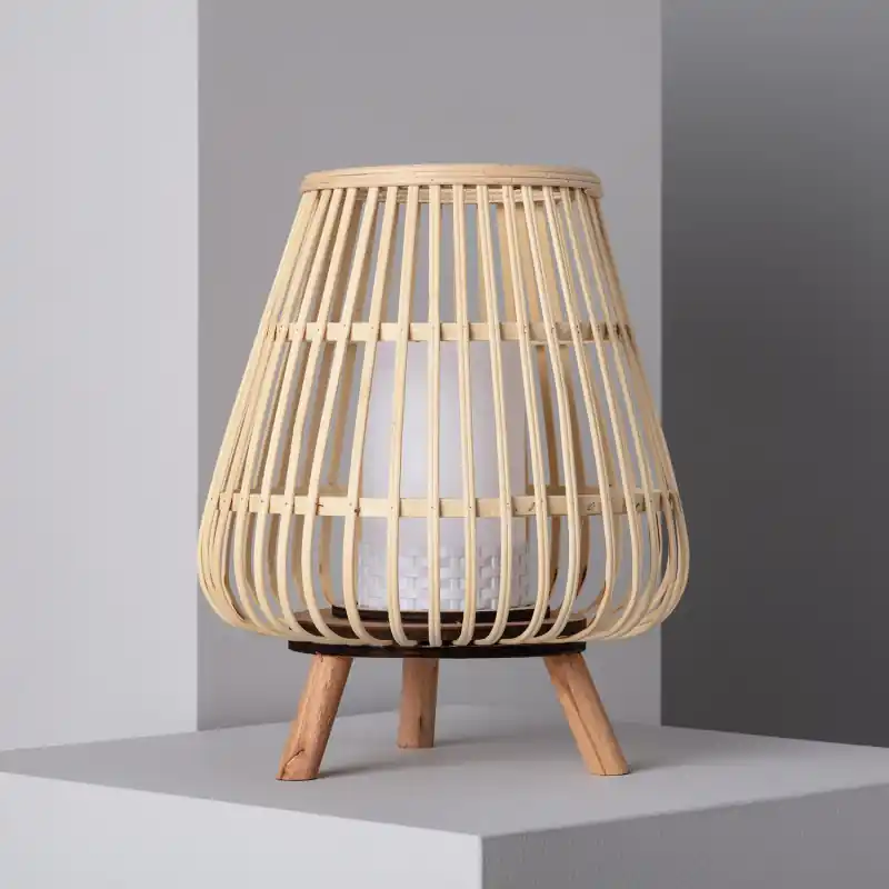 Lampe a poser led a piles portable nomade style rotin