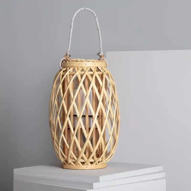 Lampe a poser led a piles portable nomade style rotin