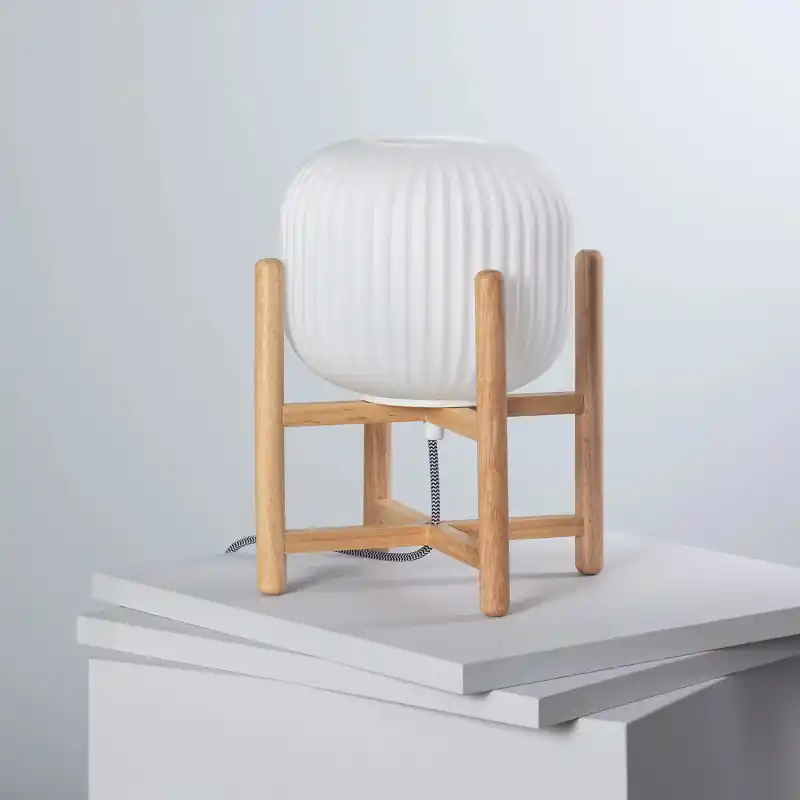 Lampe a poser de table culot e27 verre blanc et bois