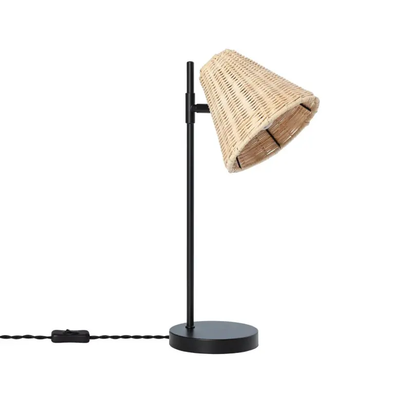 Lampe a poser métal noir culot e14 abat-jour rotin