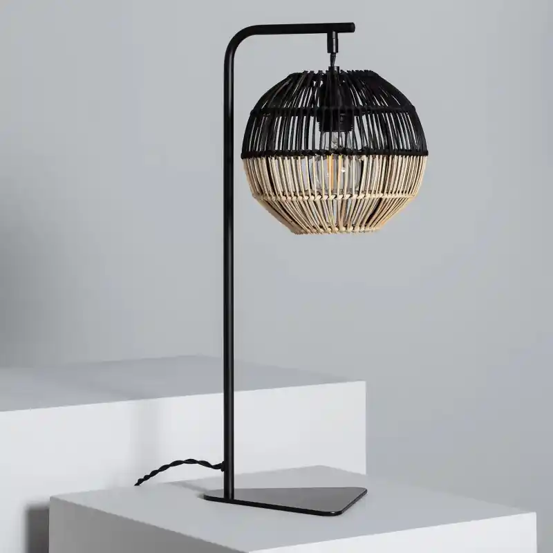 Lampe a poser de table culot e27 boule rotin et noir