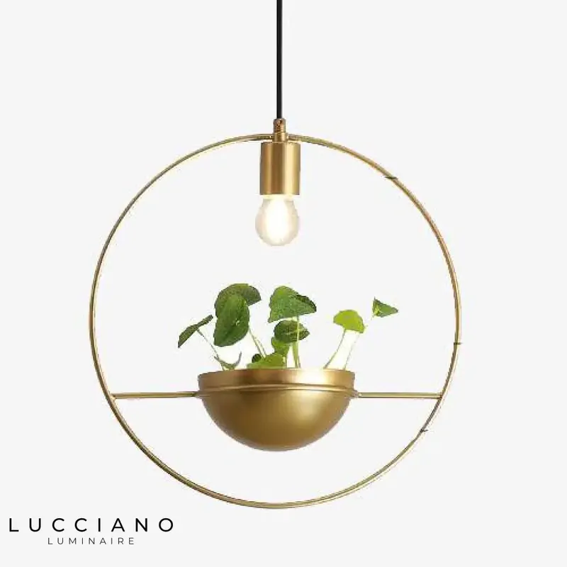 Lustre LED rond doré avec plante