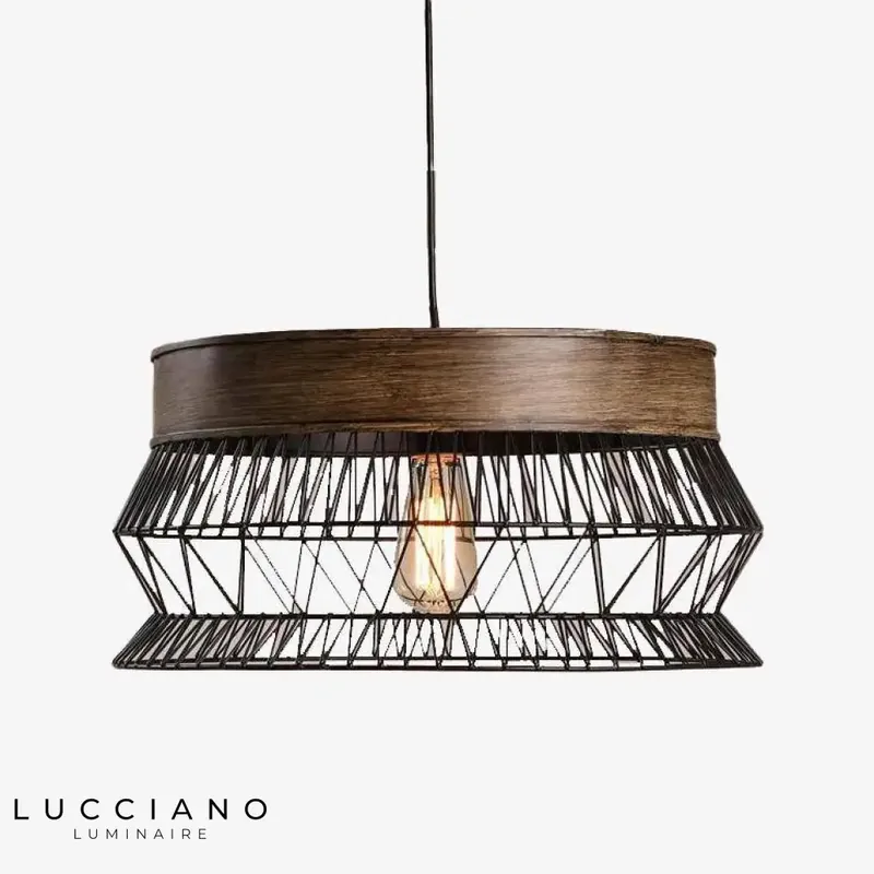 Suspension LED disque bois métal