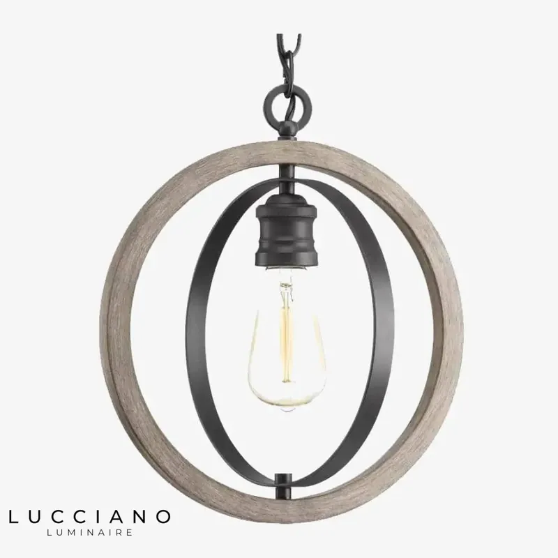 Suspension LED Cercle Bois Métal Noir