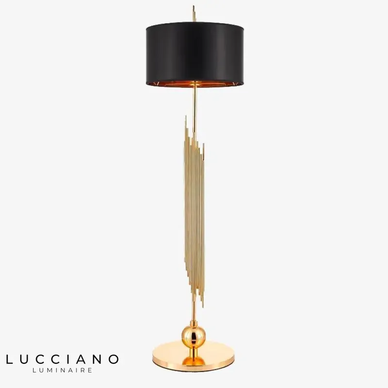 Lampadaire doré avec abat-jour arrondi noir