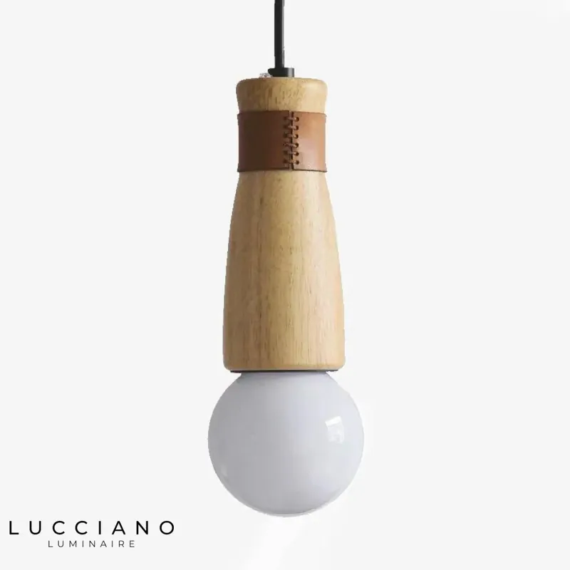 Suspension LED cylindrique bois cuir