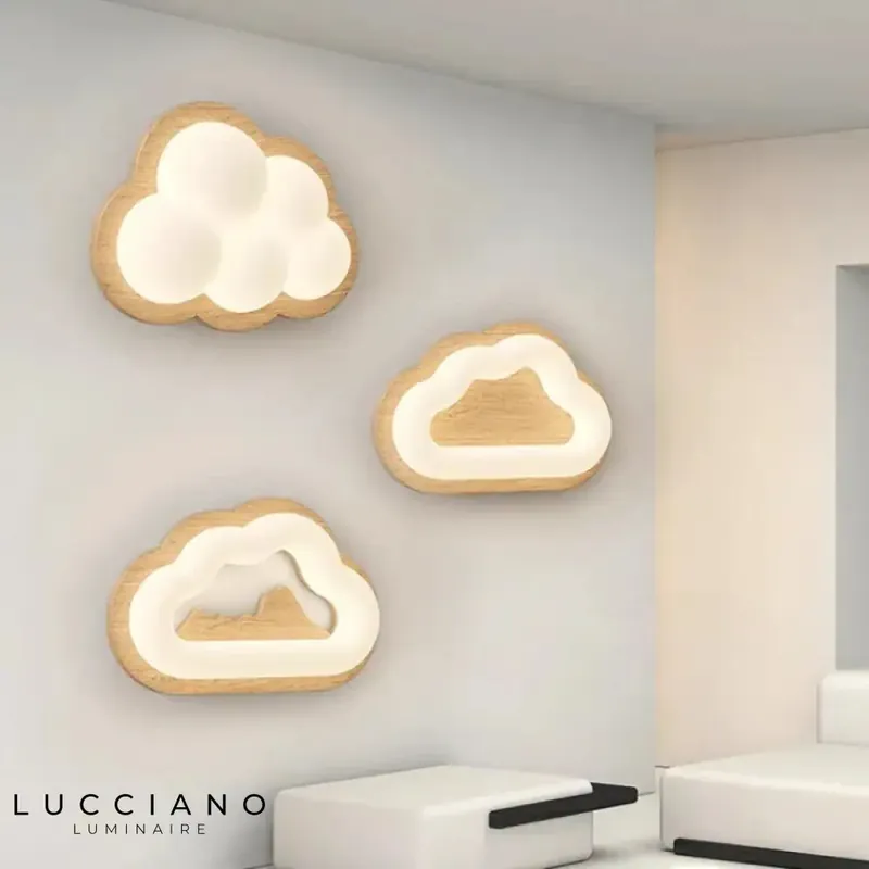 Applique murale bois nuage déco enfantine douce.